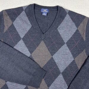 Brooks Brothers 346 Argyle V-Neck Sweater Men XL Merino Wool Gray Brown Pullover